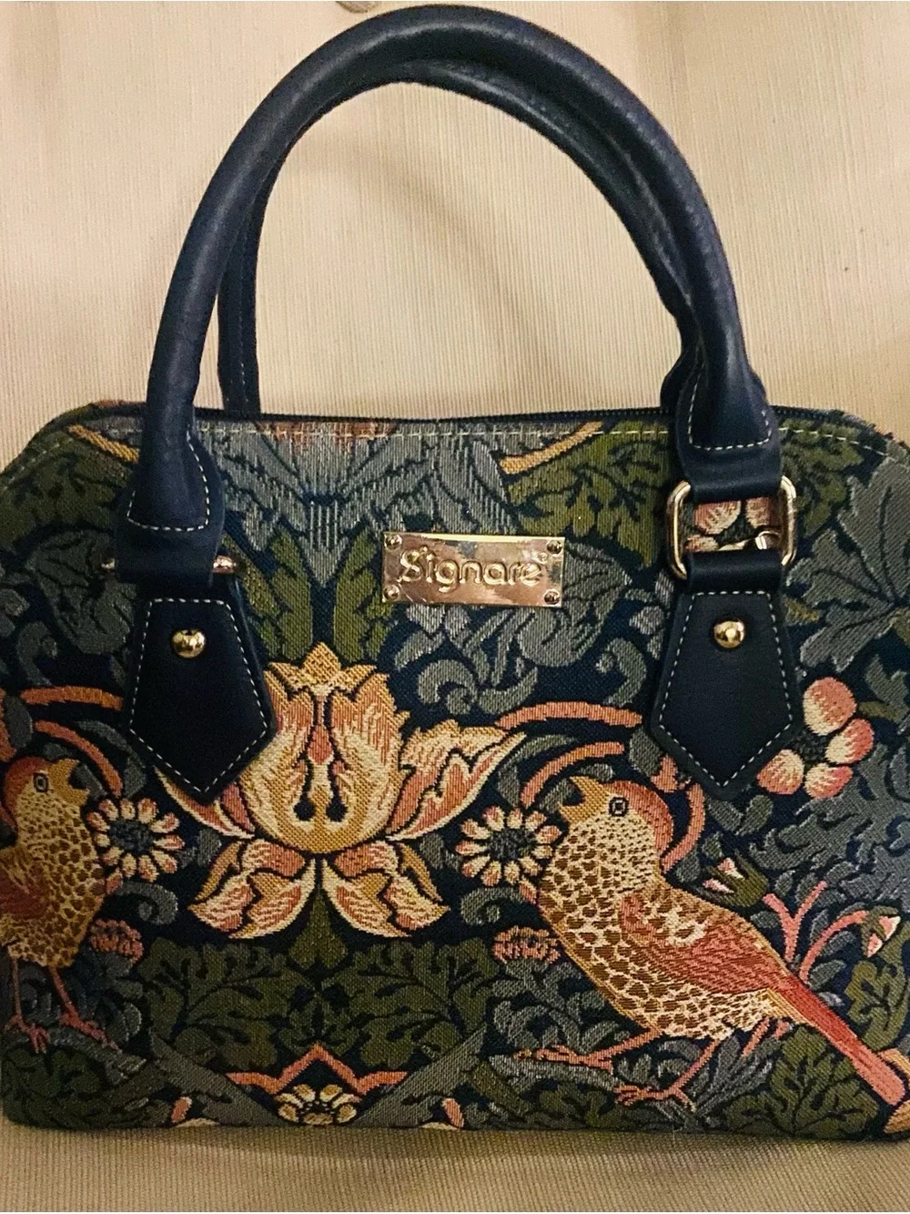 Floral Bird-Embroidered Satchel Handbag - Blue
